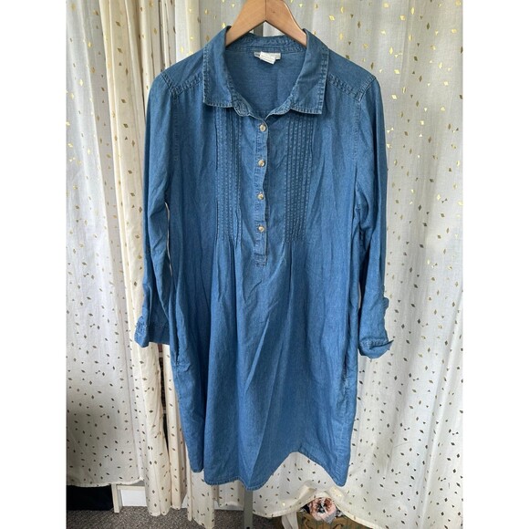 CW Classics Blue Denim Chambray Pintucked Roll Tab Sleeve Pockets Shirt Dress L - Picture 2 of 6